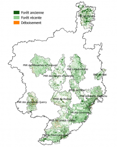 Carte des forêts présumées anciennes sur les parcs du Massif central (IPAMAC)